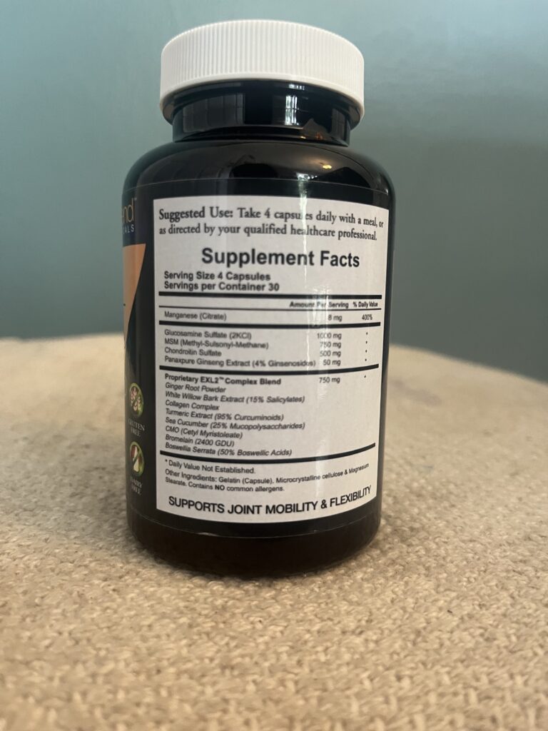 Joint Relief EXL-2 Supplement Ingredient List Back of Bottle